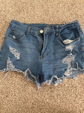 SHEIN Distressed Light Blue High-Rise Denim Shorts